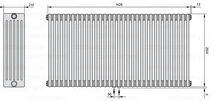 Схема (чертеж) Радиатор Zehnder Charleston 6250/31 №5410 Белый глянцевый RAL 9016